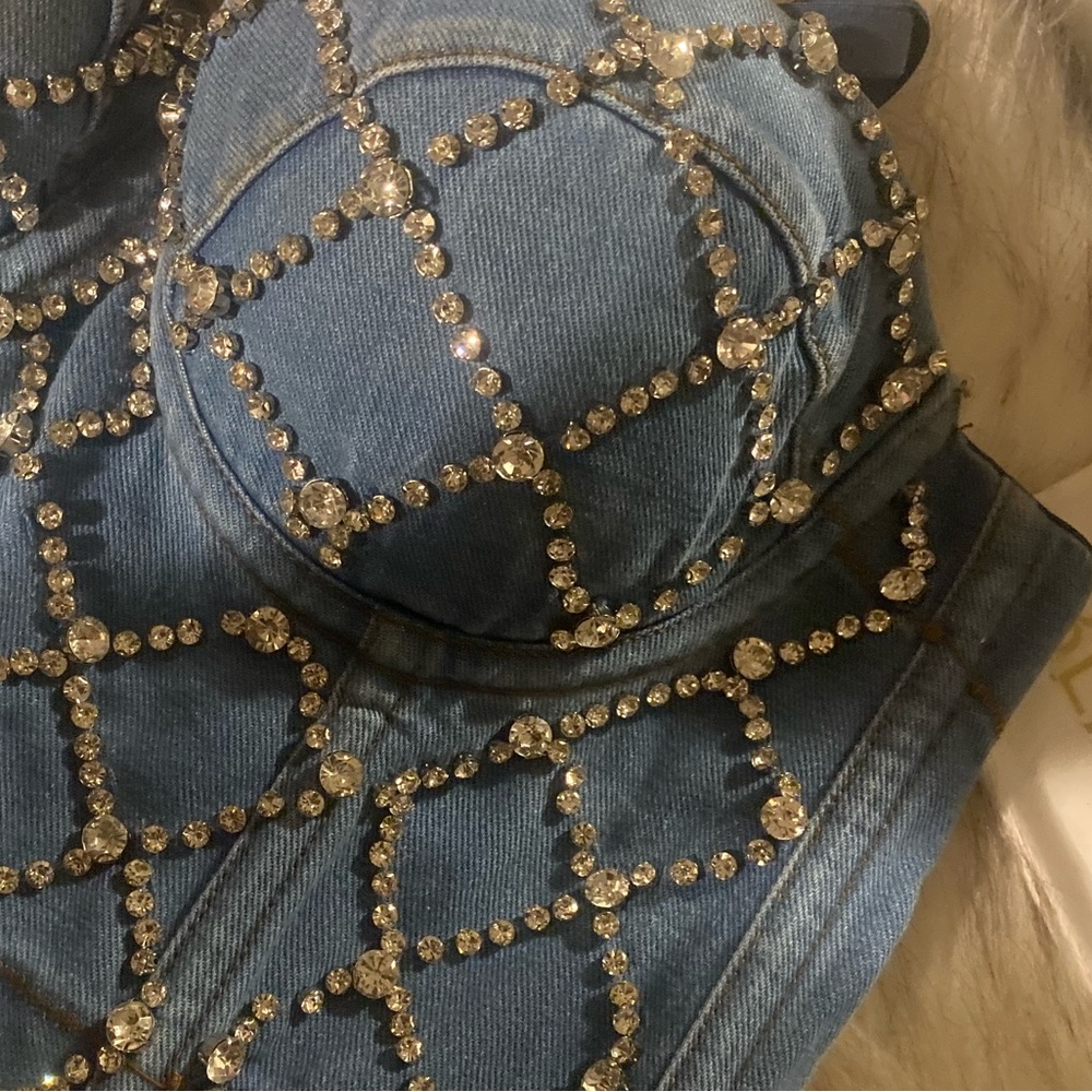 Denim Rhinestones Bustier Corset Crop Top